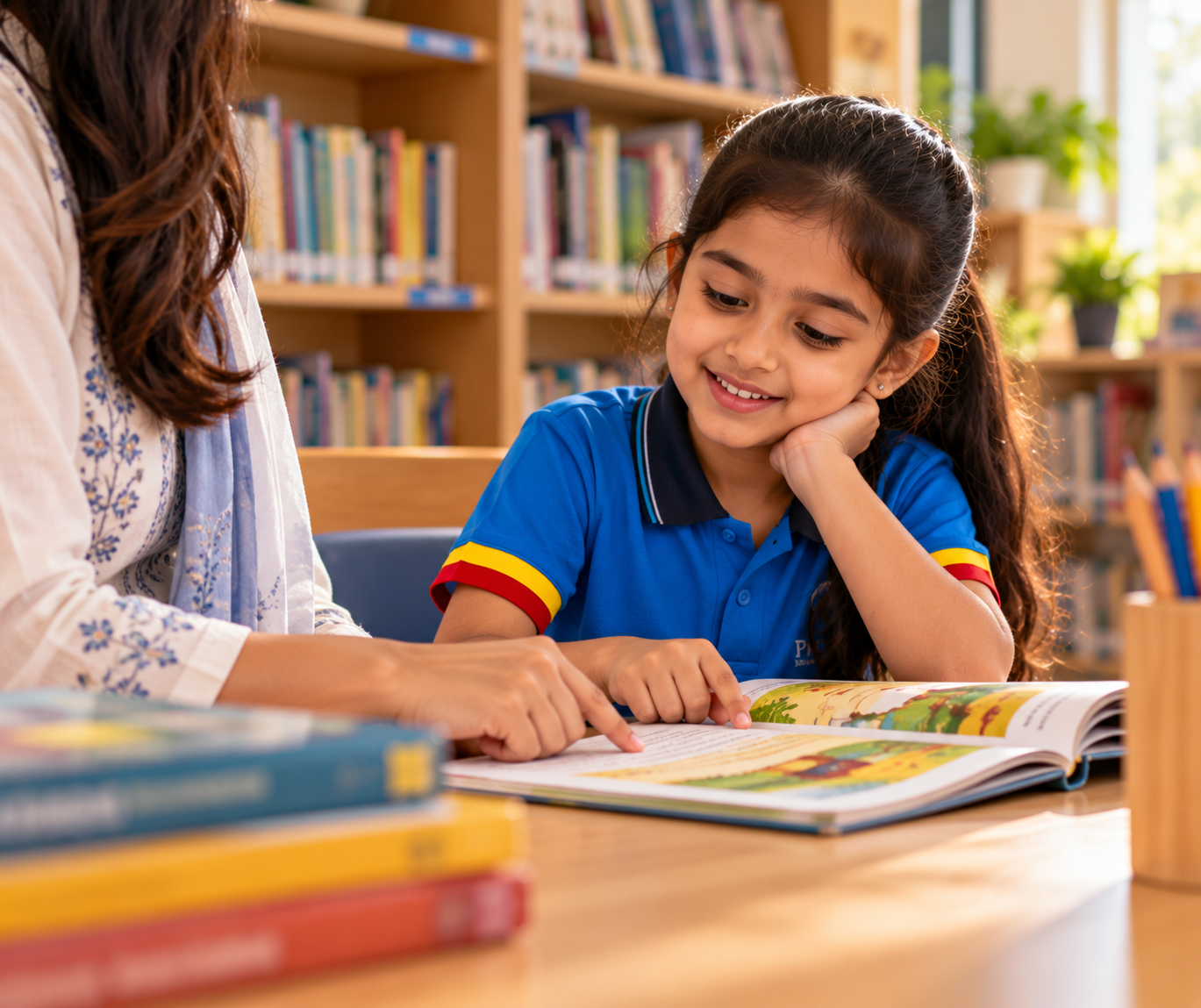An adult and a child reading a book together in a library