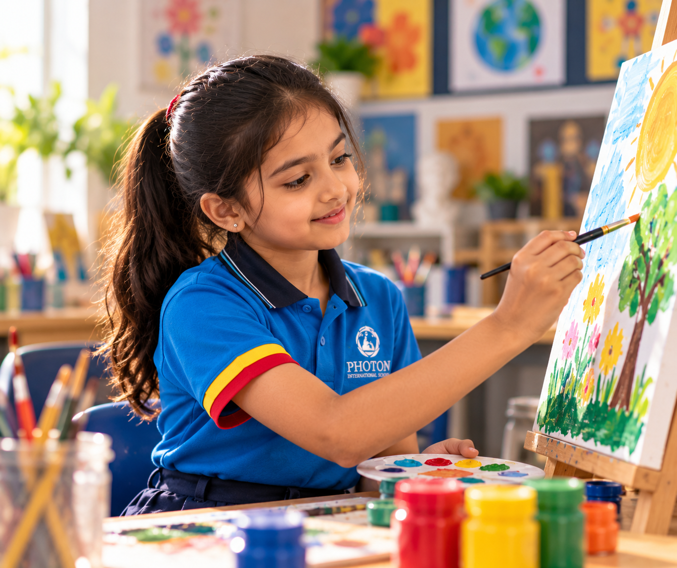 A child painting on canvas
